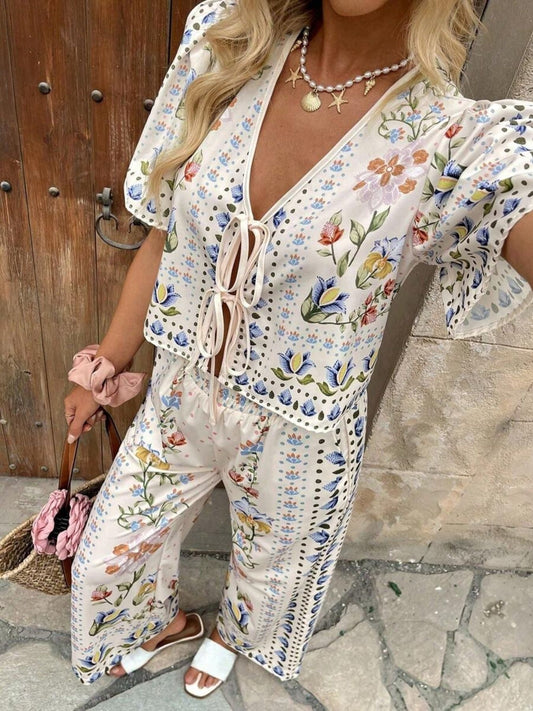 Floral Print Tie-Front Top and Pants Set
