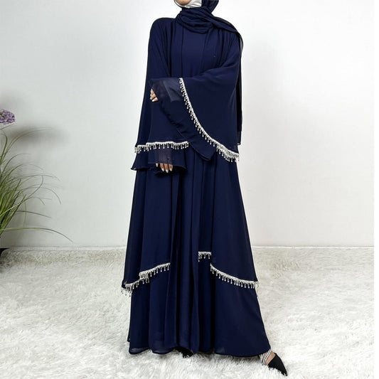 Diamond Beaded Fringe Flare Sleeve Chiffon Maxi Abaya Set (MOA148)