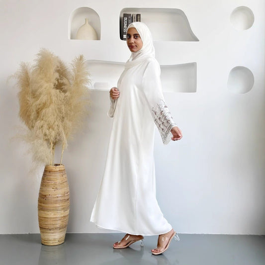 Diamond Glow Abaya Collection | Luxury Modest Fashion White & Blush Pink Embroidered Robes with Floral Sleeves (MOA205)