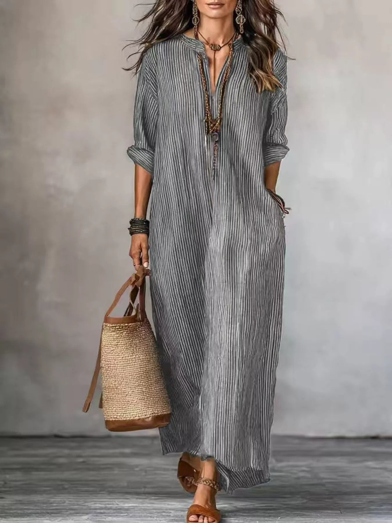 Full Size Striped Notched Maxi Dress with Pockets Plus Size