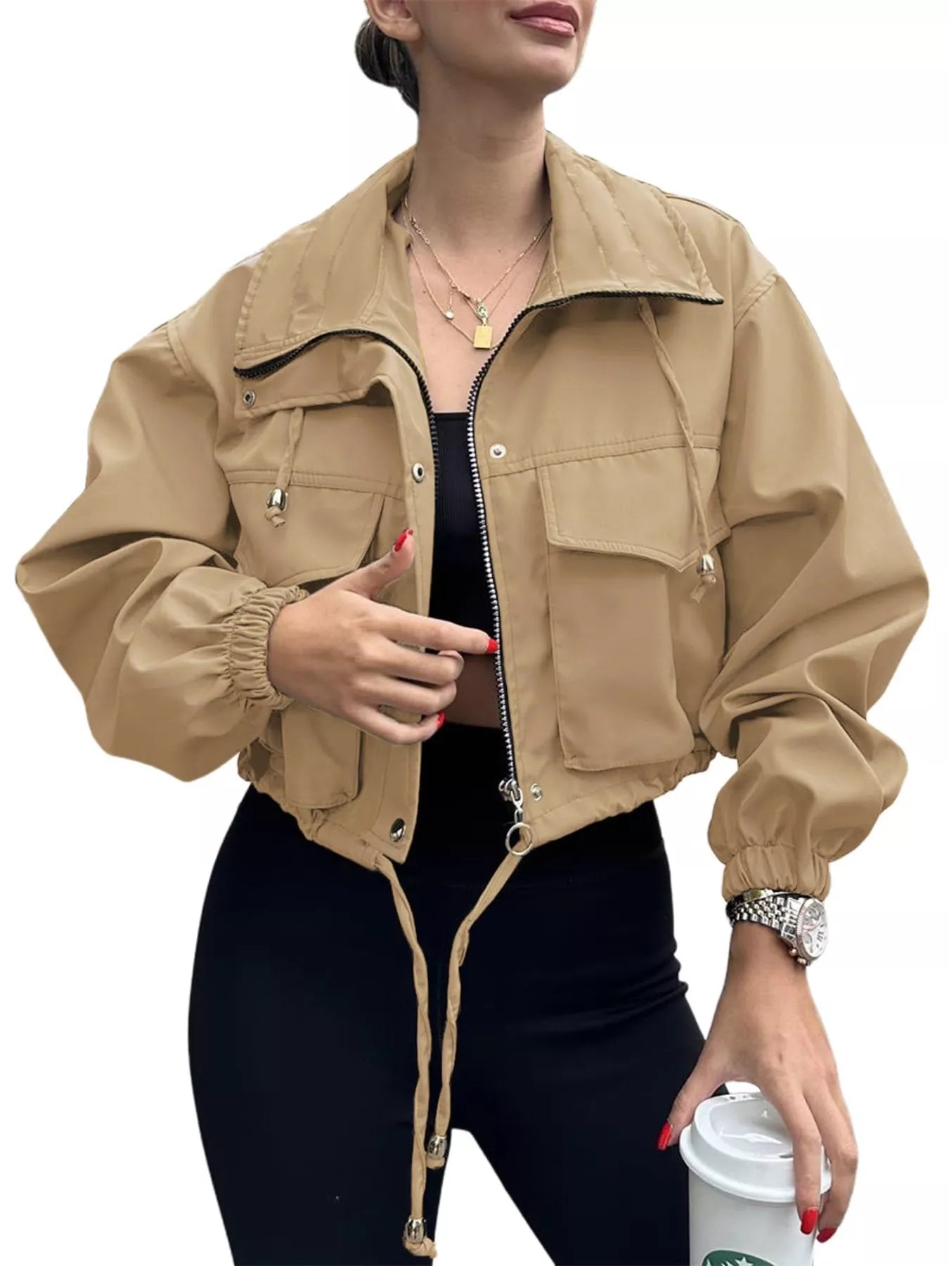Drawstring Hem Zip Up Jacket