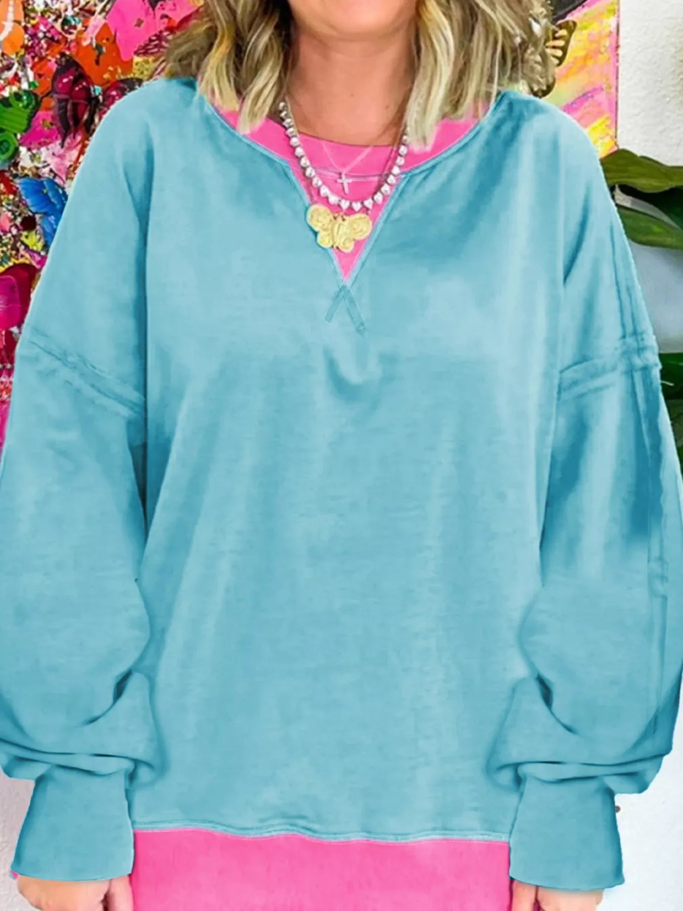 Colorblock Patchwork Crew Neck Loose Sweatshirt