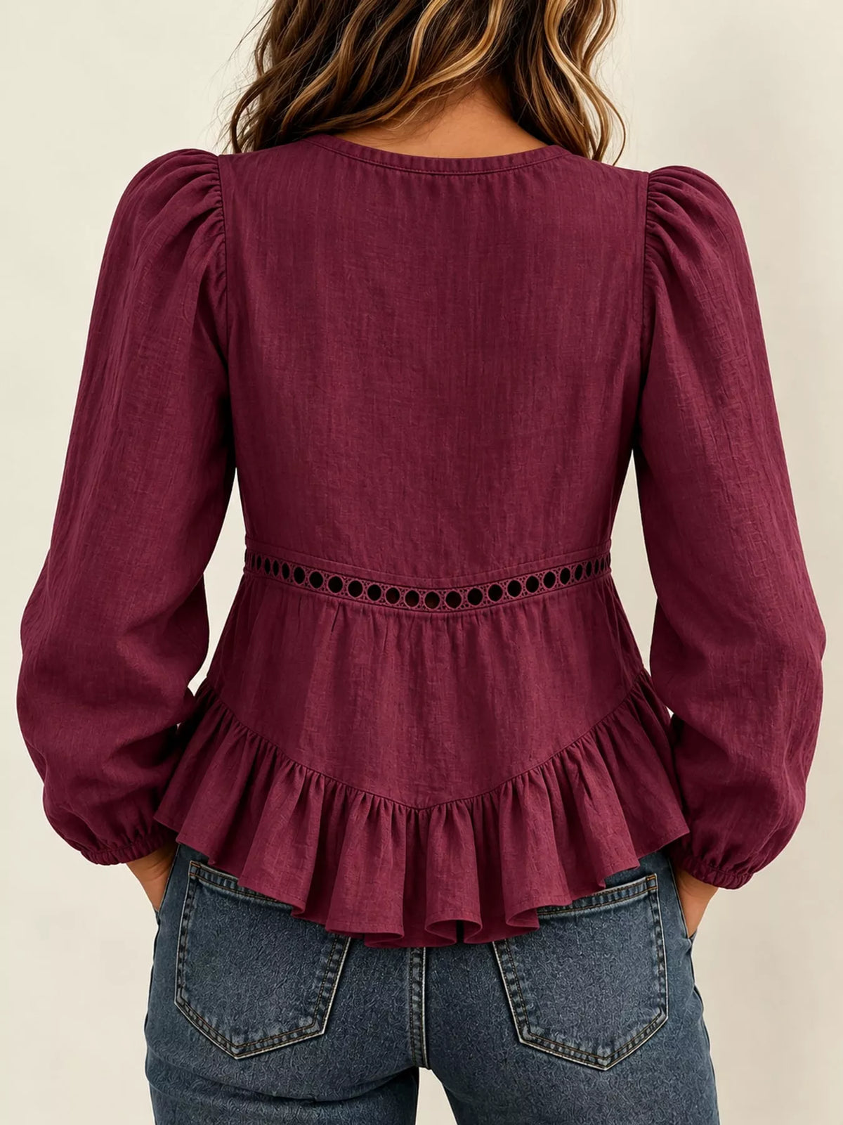 Long Sleeve Blouse with Eyelet Lace Trim and Ruffled Hem
