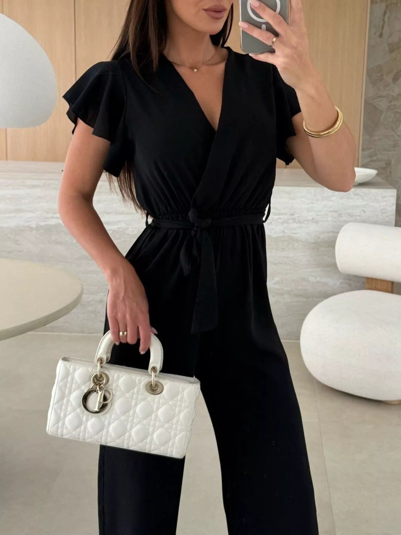 Surplice Ruffle Sleeve Wide Leg Jumpsuit