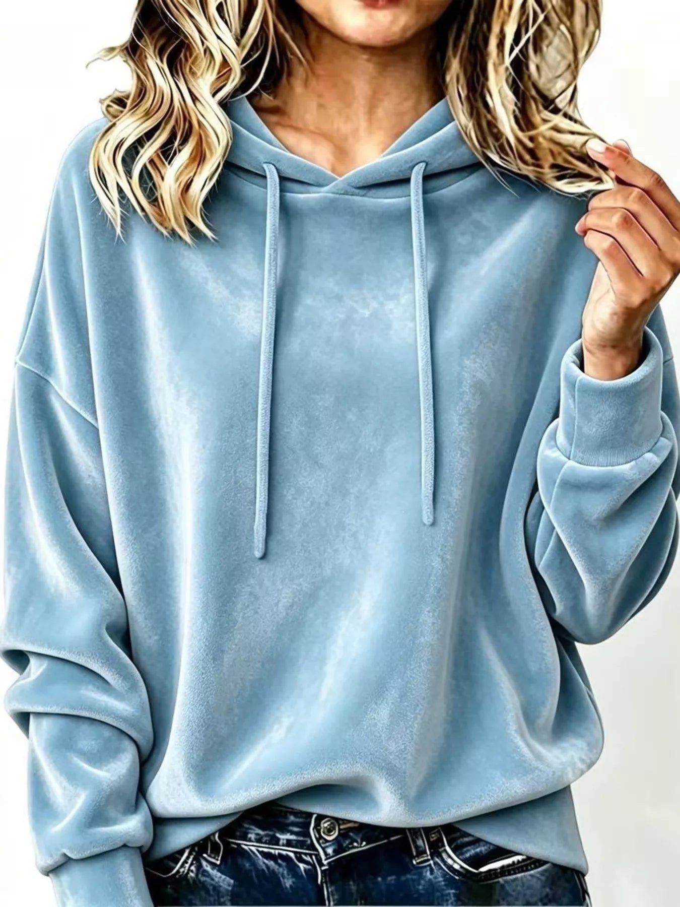 Full Size Drawstring Velvet Long Sleeve Hoodie Plus Size