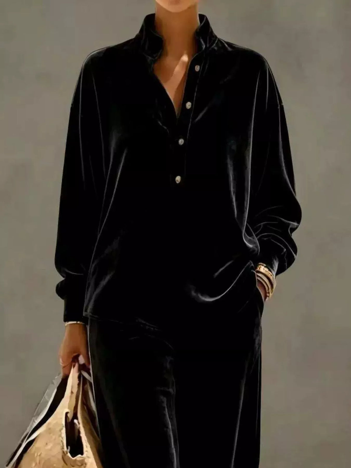 Full Size Half Button Top and Wide Leg Pants Set Plus Size