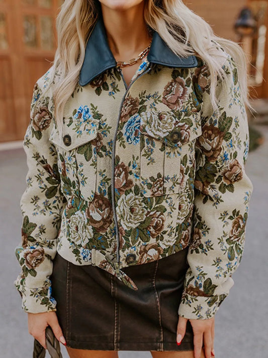 Floral Print Zip Up Contrast Collared Jacket