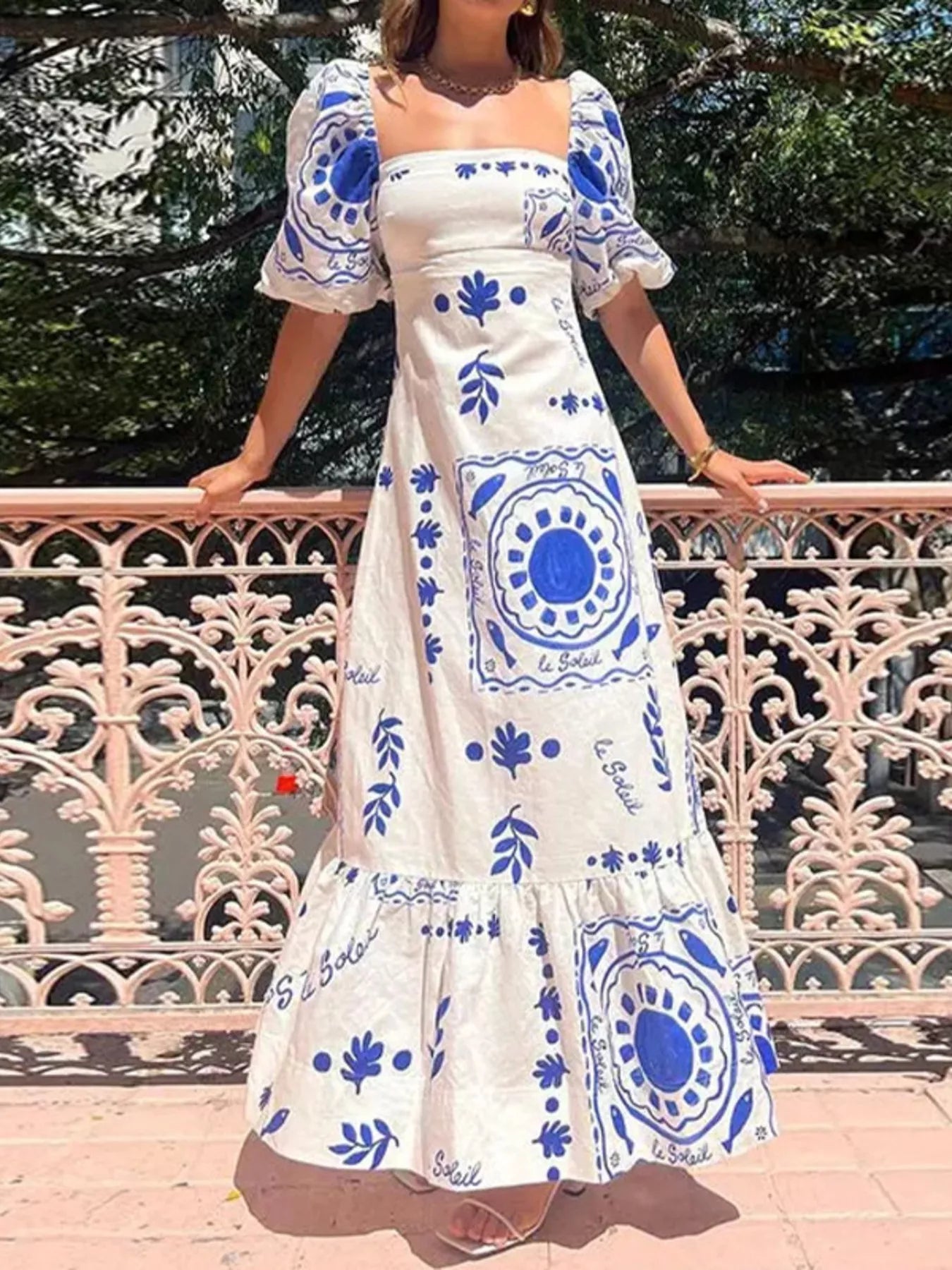 Full Size Floral Print Puff Sleeve Maxi Dress Plus Size