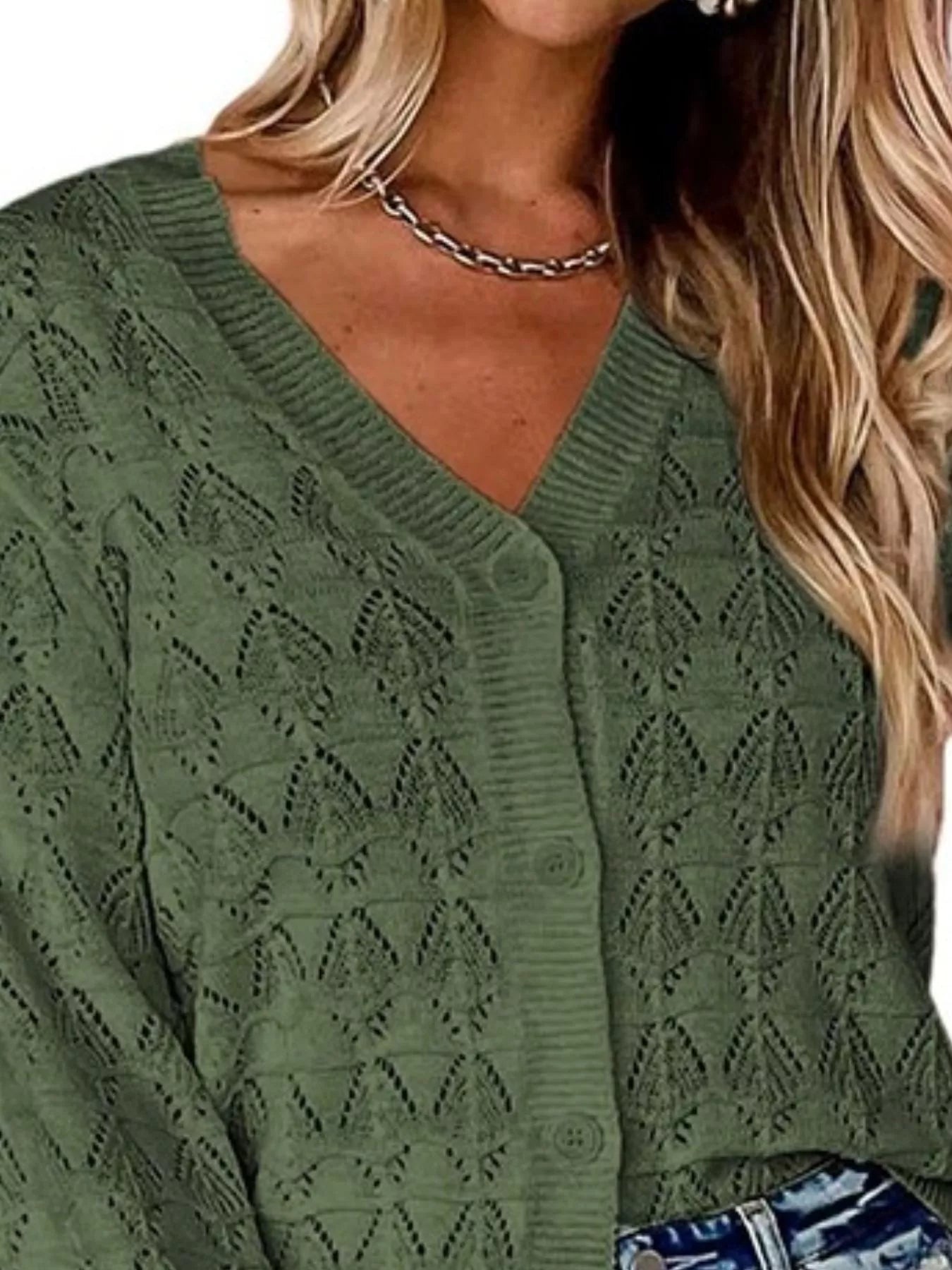 Chic V-Neck Openwork Button-Down Knit Cardigan