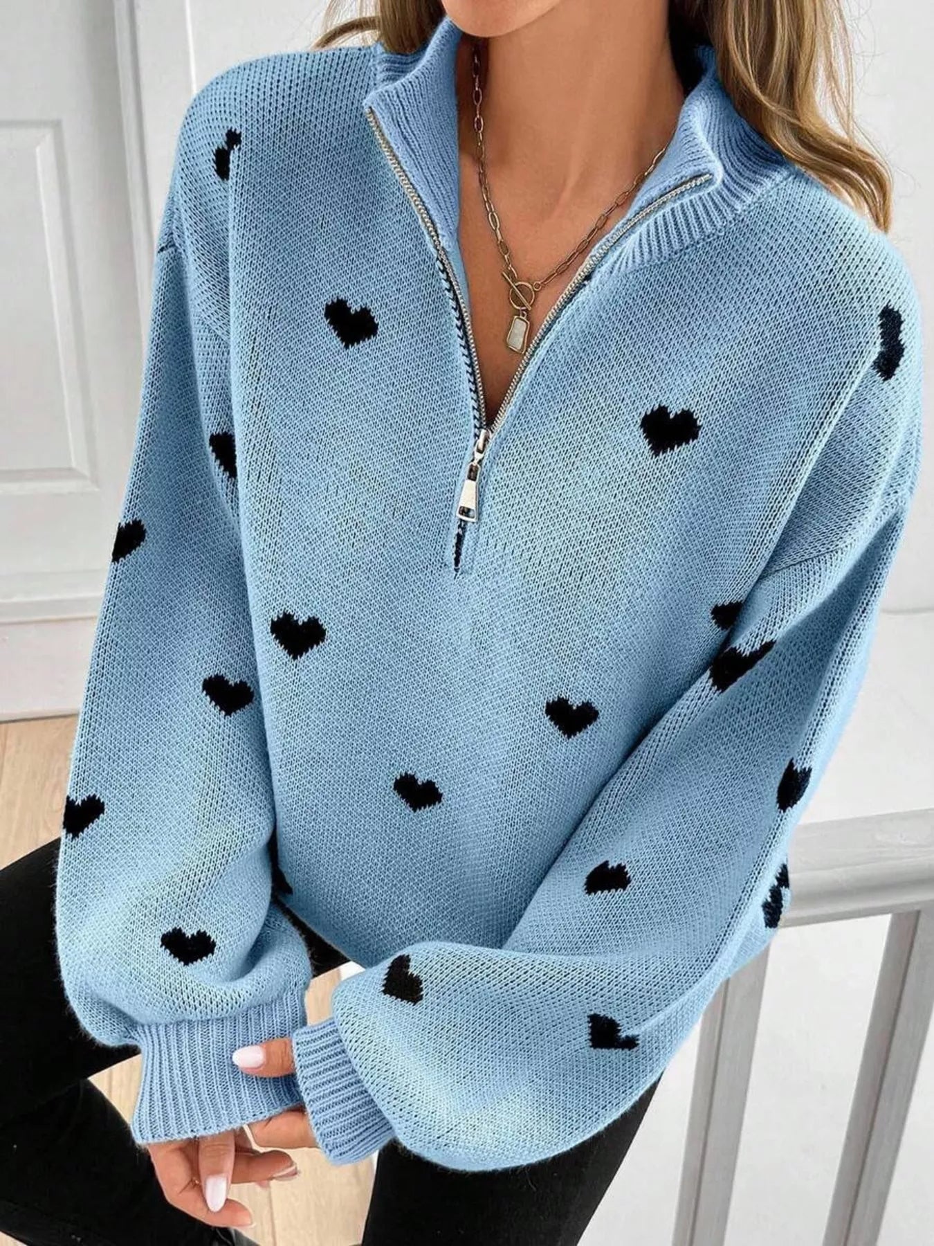 Full Size Heart Half-Zip Long Sleeve Sweater Plus Size