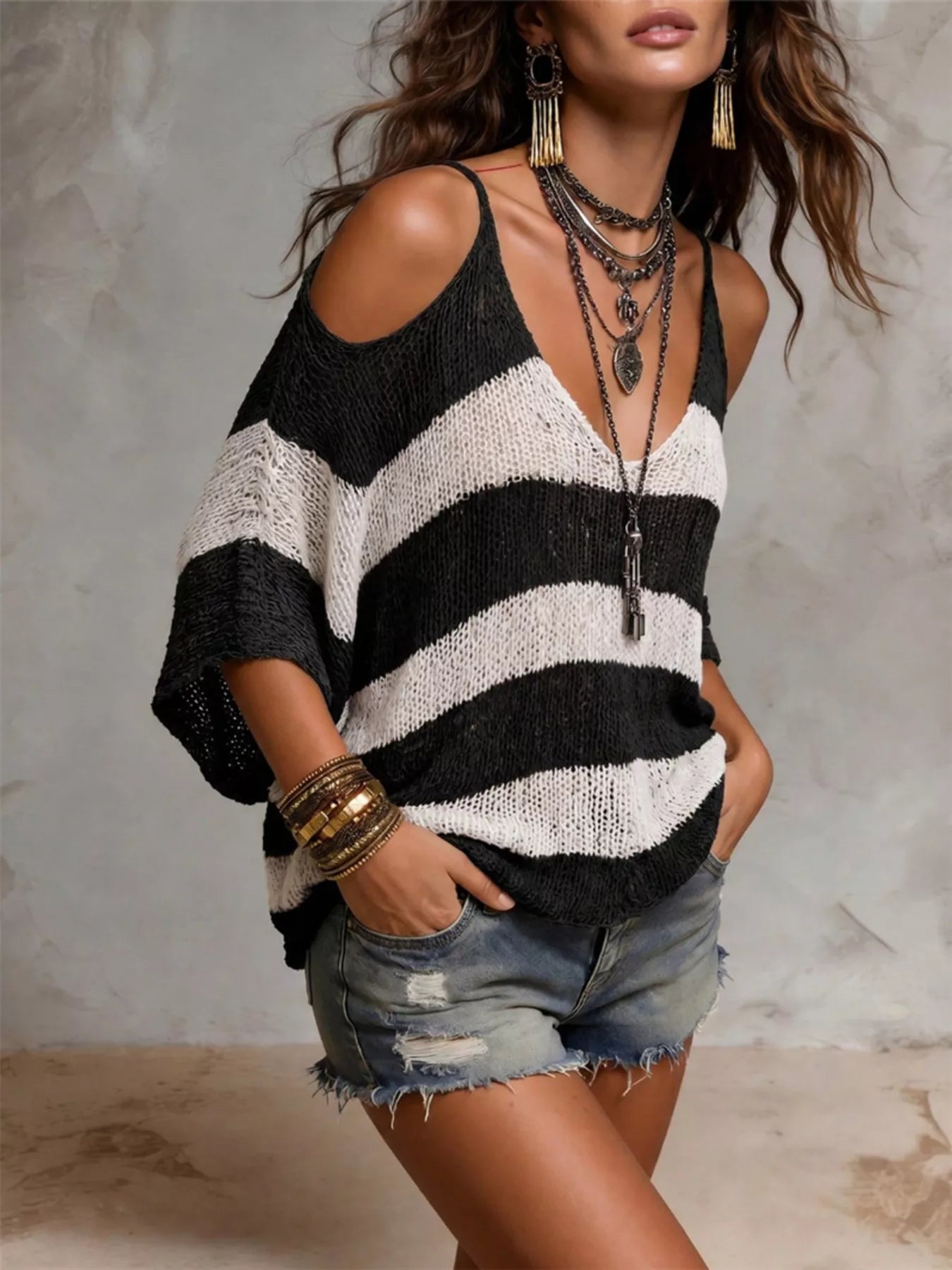 Striped Cold Shoulder Sweater