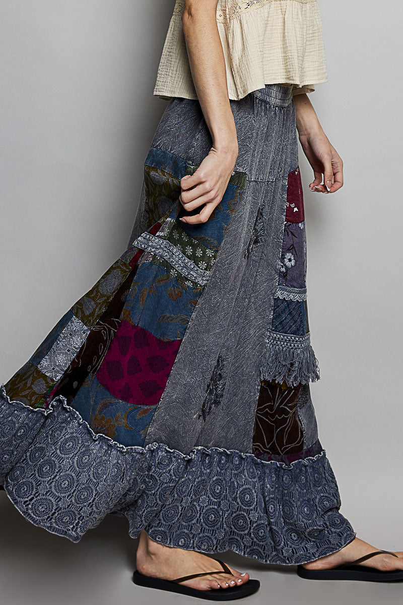 POL Printed Patchwork Embroidered Ruffled Skirt