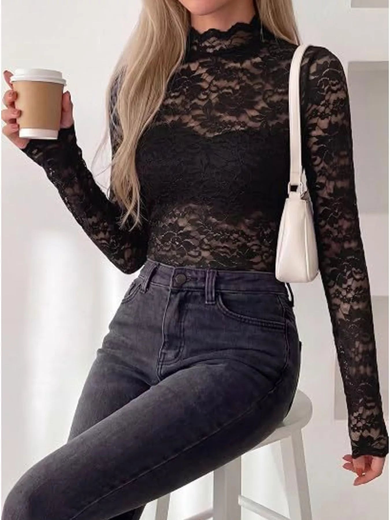 Lace Mock Neck Long Sleeve Top