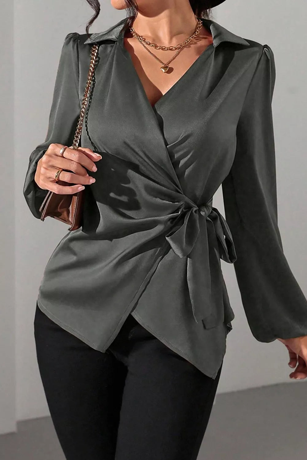 Satin Tied Detail Long Sleeve Blouse
