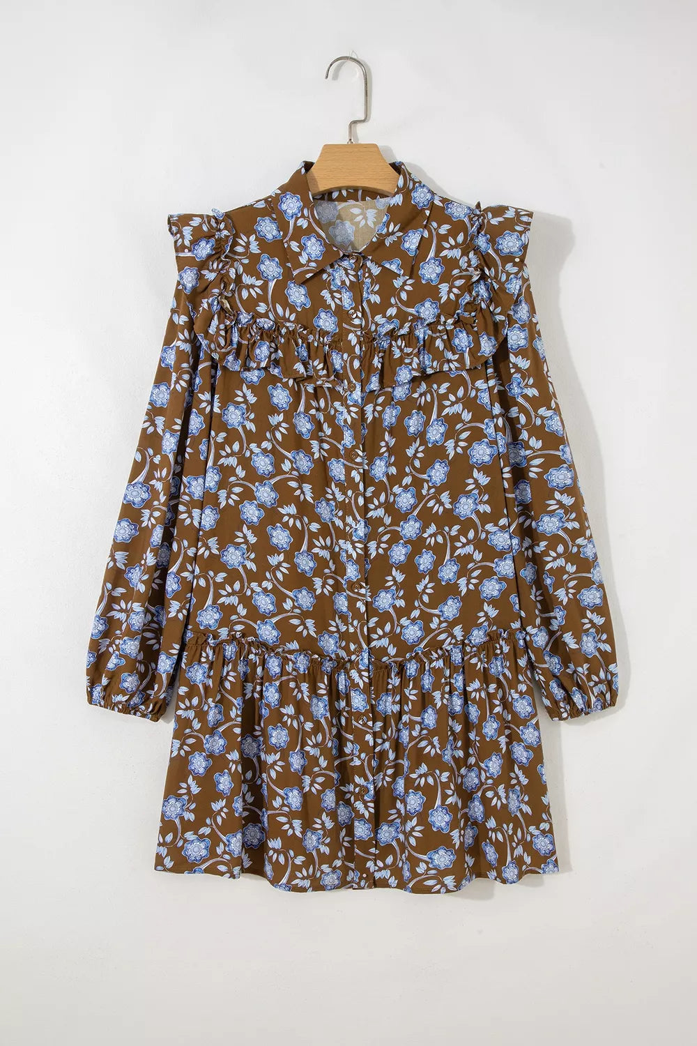 Floral Print Ruffled Detail Shirt Collar Button Down Long Sleeve Dress