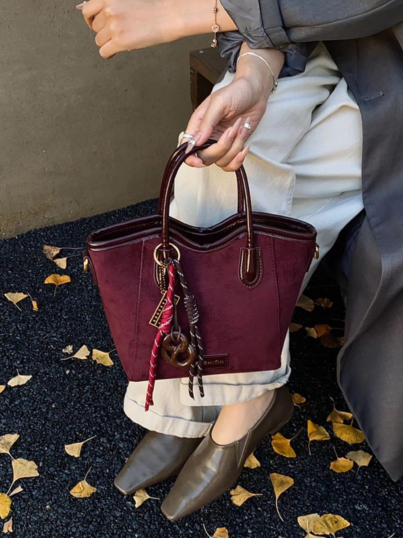 Suede Leather Strap Tote Bag