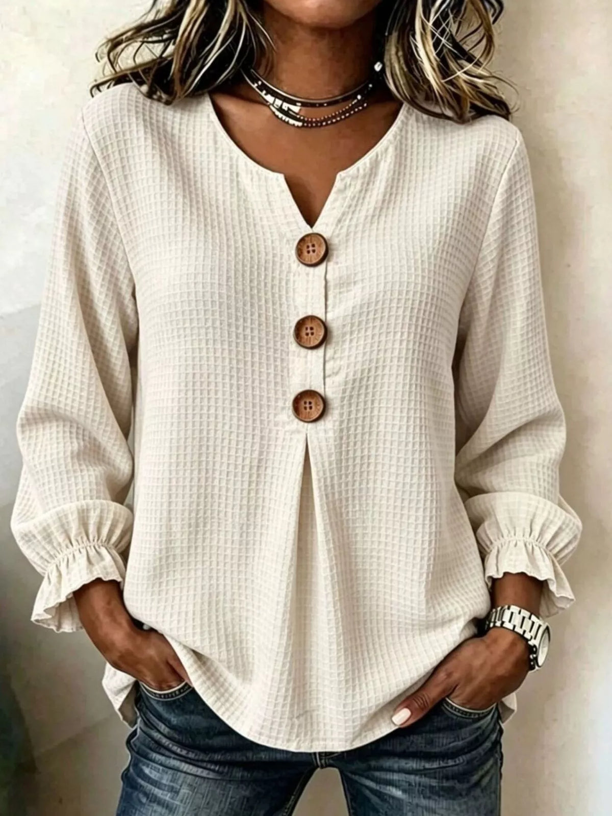 Full Size Waffle Knit Flounce Sleeve Blouse Plus Size