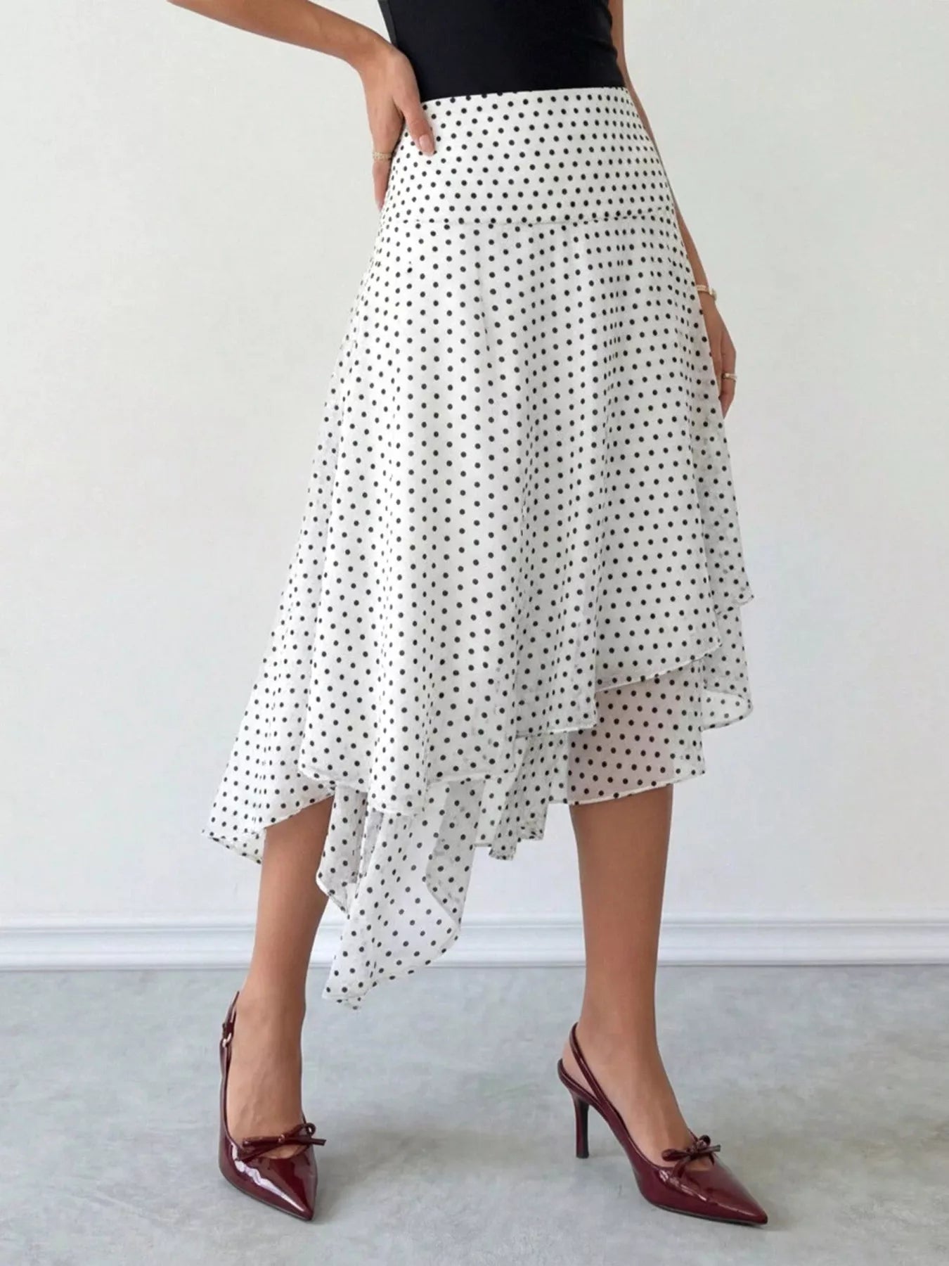 Polka Dot Asymmetrical Hem Midi Skirt