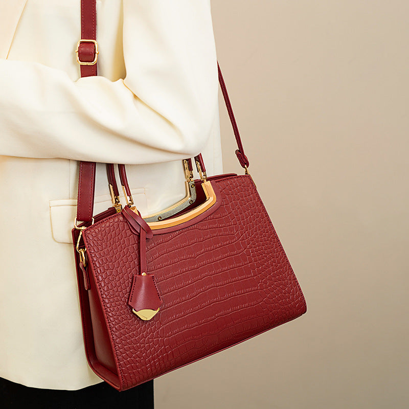 Crocodile Embossed Leather Top Handle Handbag