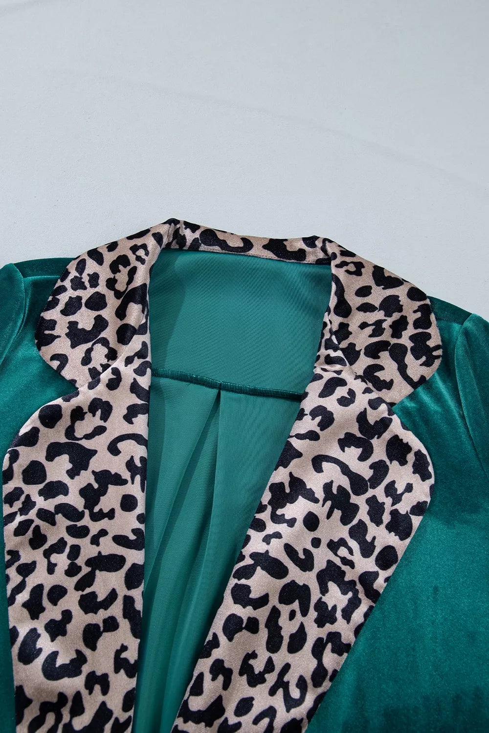 Velvet Contrast Leopard Print Lapel Collar Open Front Cardigan