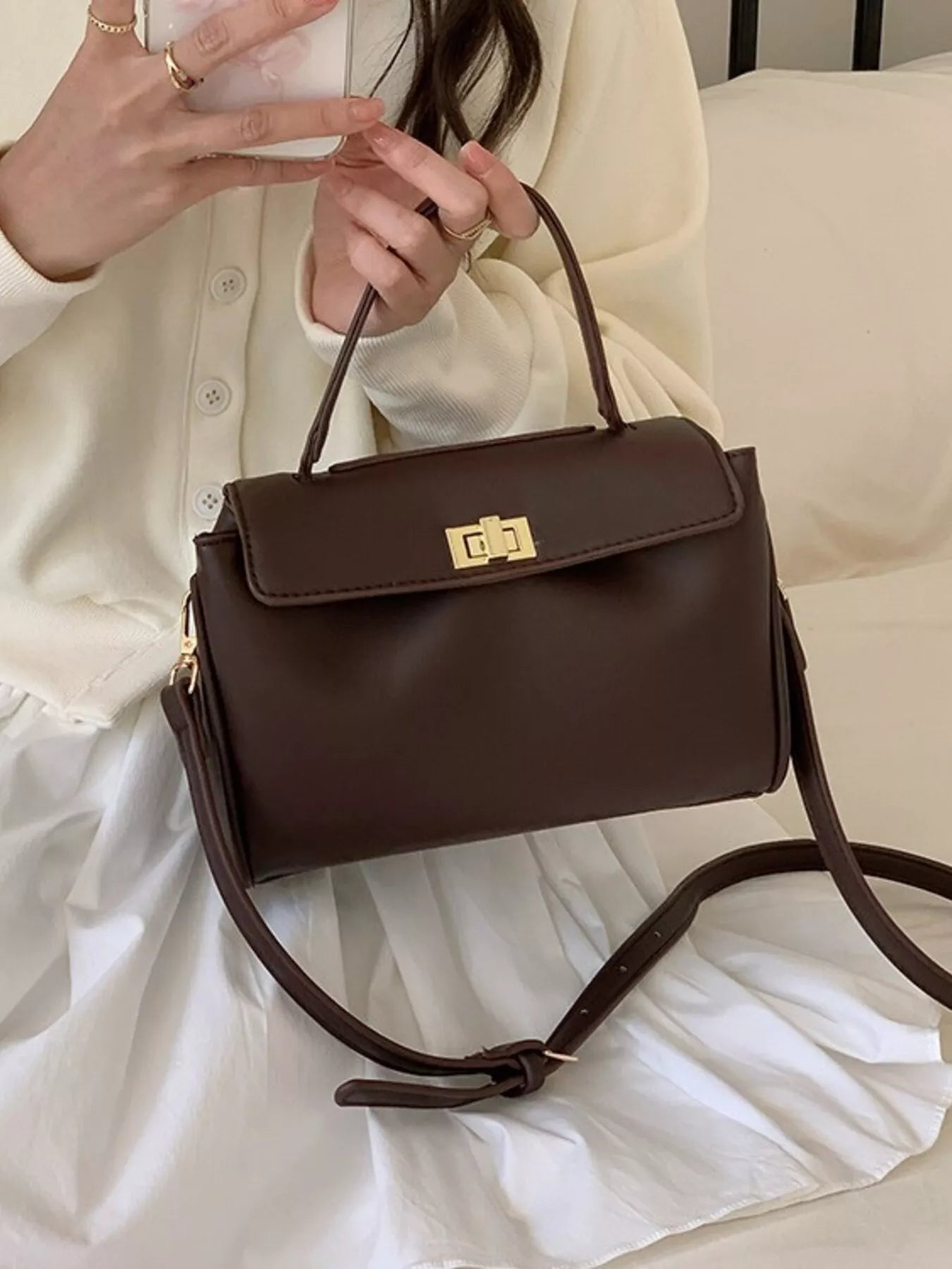 Golden Clasp Leather Crossbody Bag