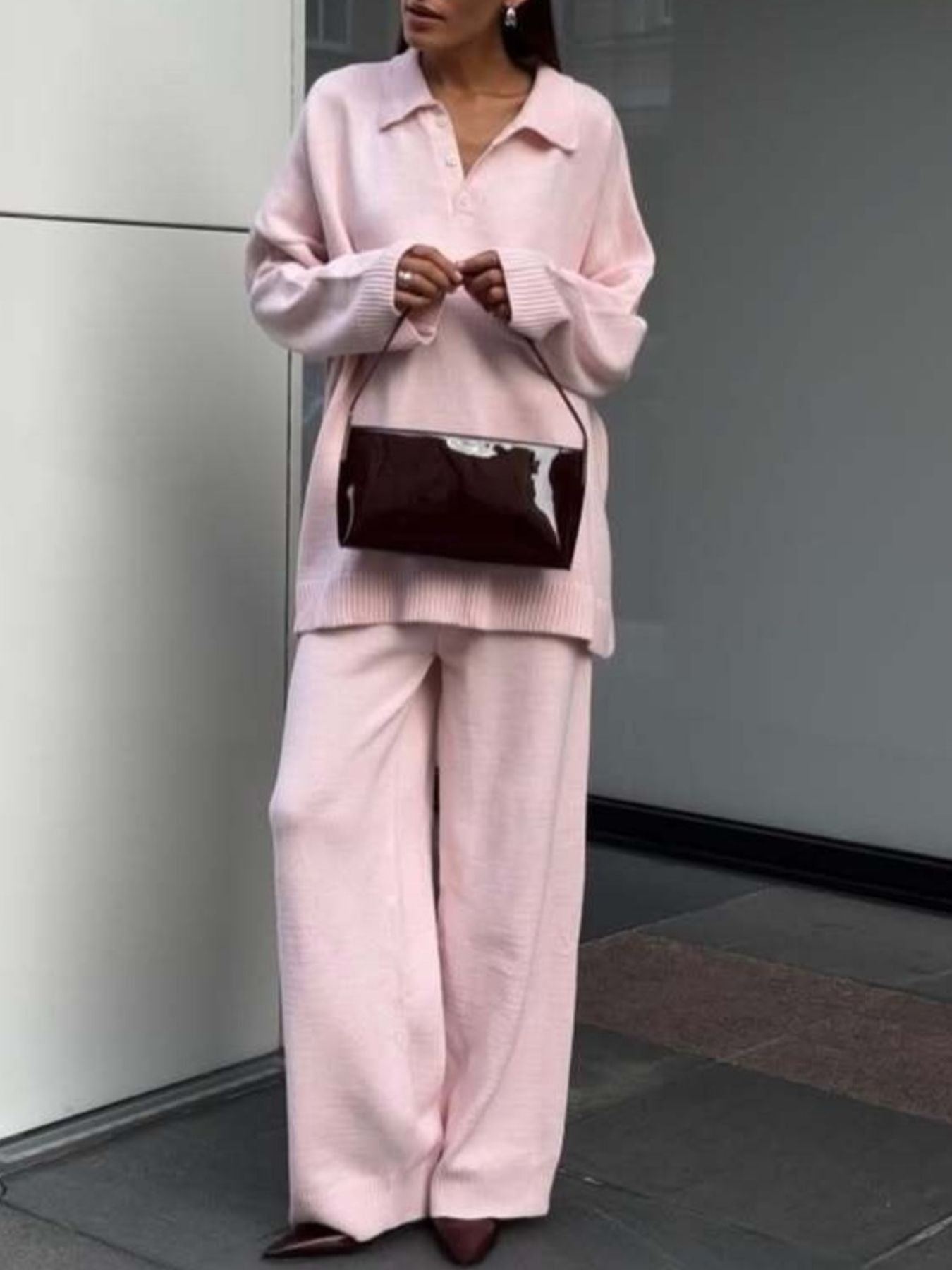 Polo Collar Top and Wide Leg Pants Knit Set