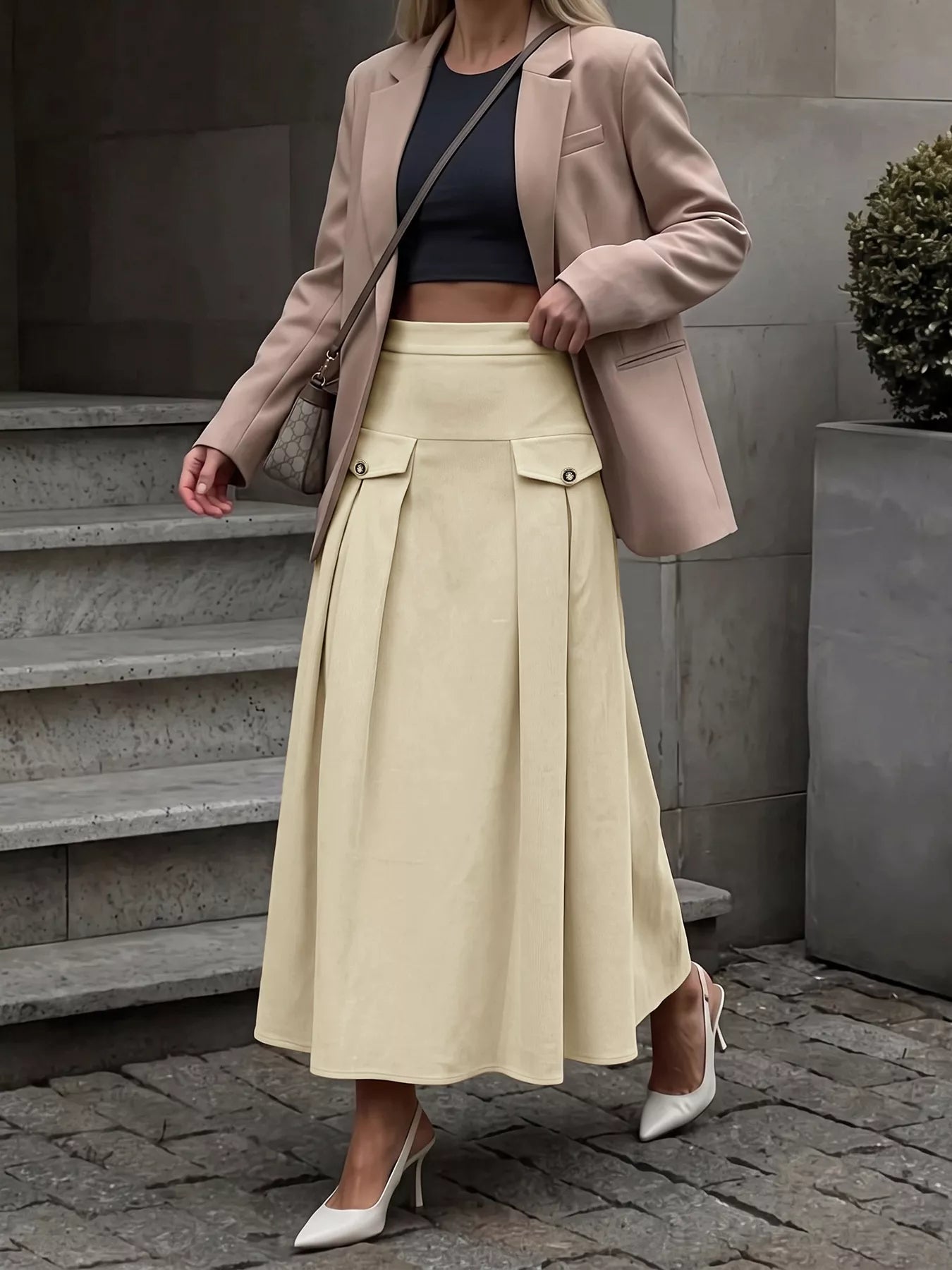 High Waist Pleated Midi Skirt