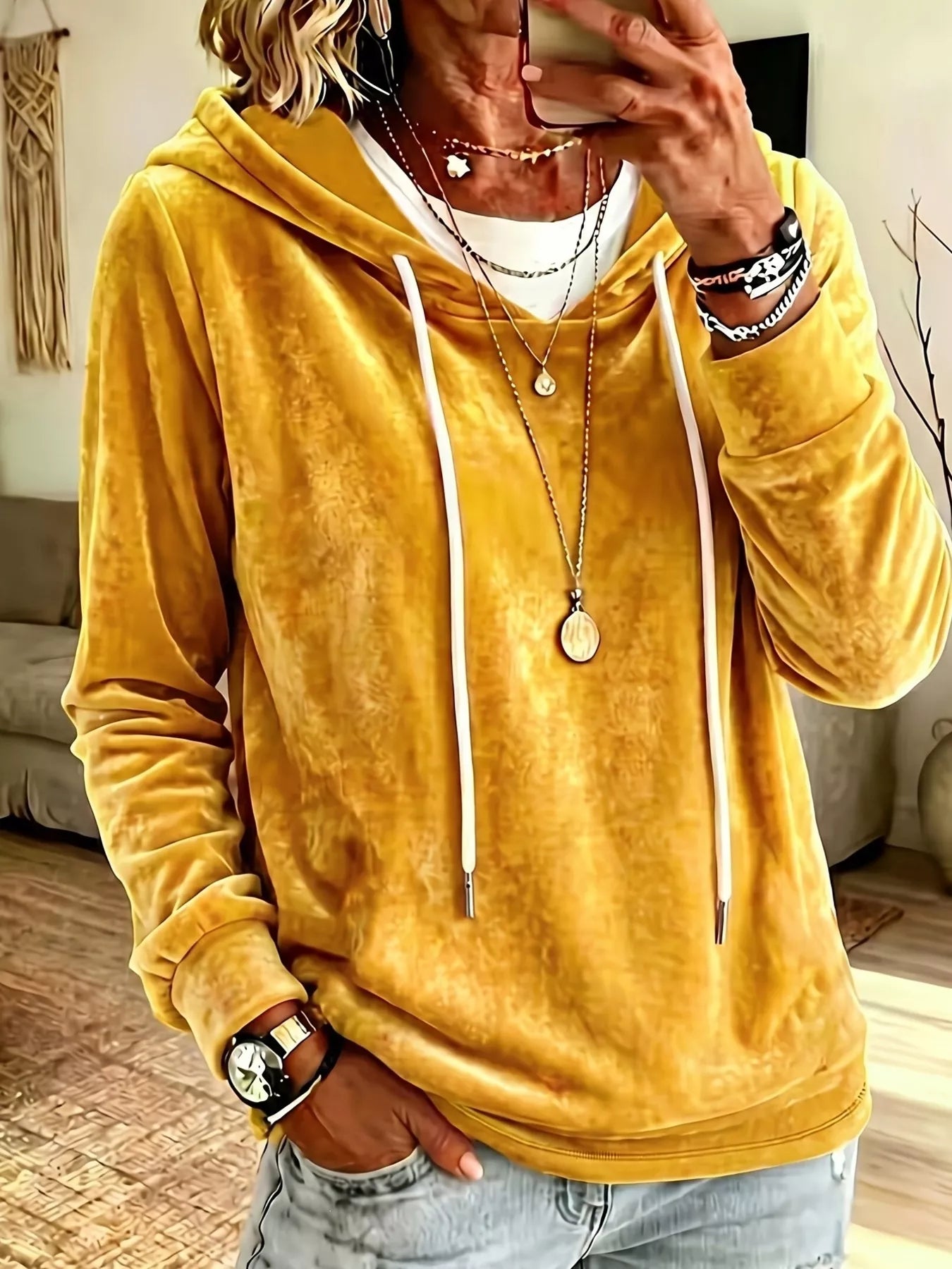 Full Size Drawstring Velvet Long Sleeve Hoodie Plus Size