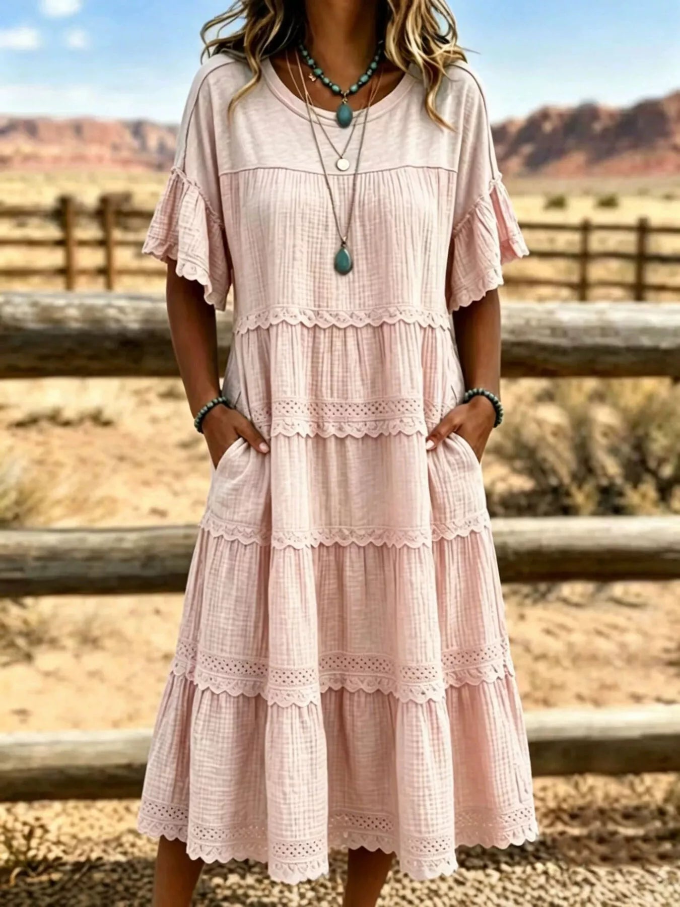 Full Size Tiered Ruffle Sleeve Midi Dress with Pockets Plus Size
