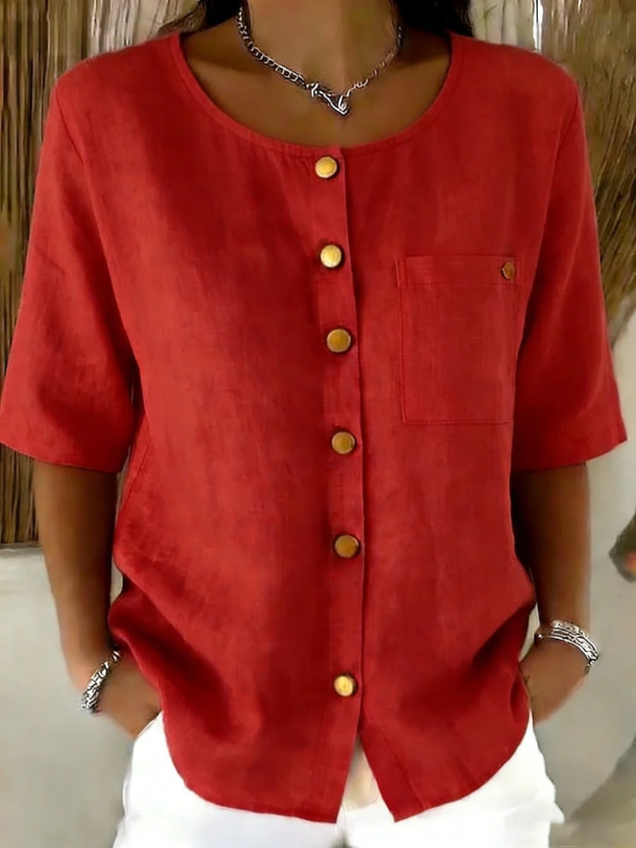 Crew-Neck 3/4 Sleeve Shirt with Metal Buttons – 7 Colors, S–3XL