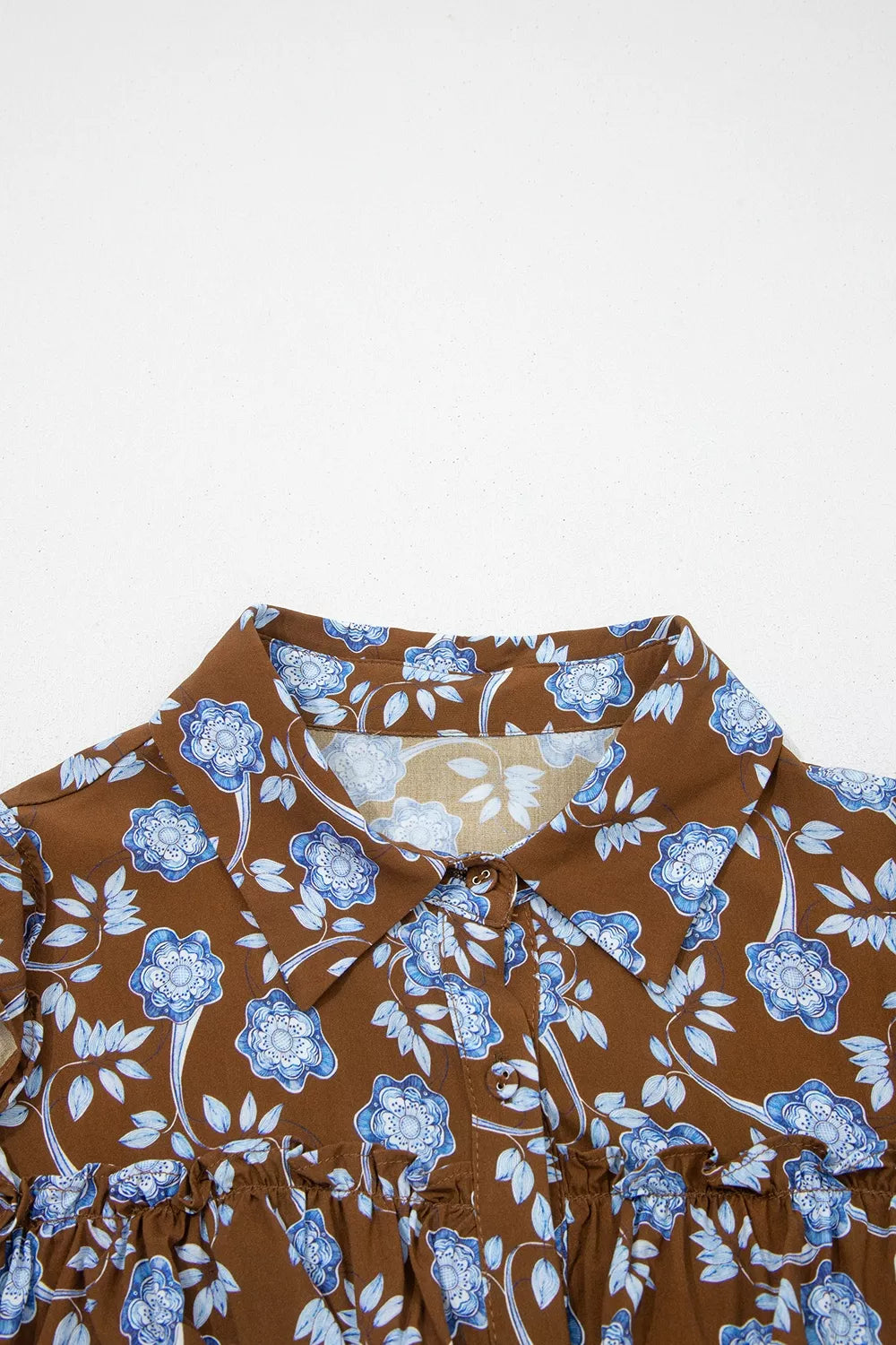 Floral Print Ruffled Detail Shirt Collar Button Down Long Sleeve Dress