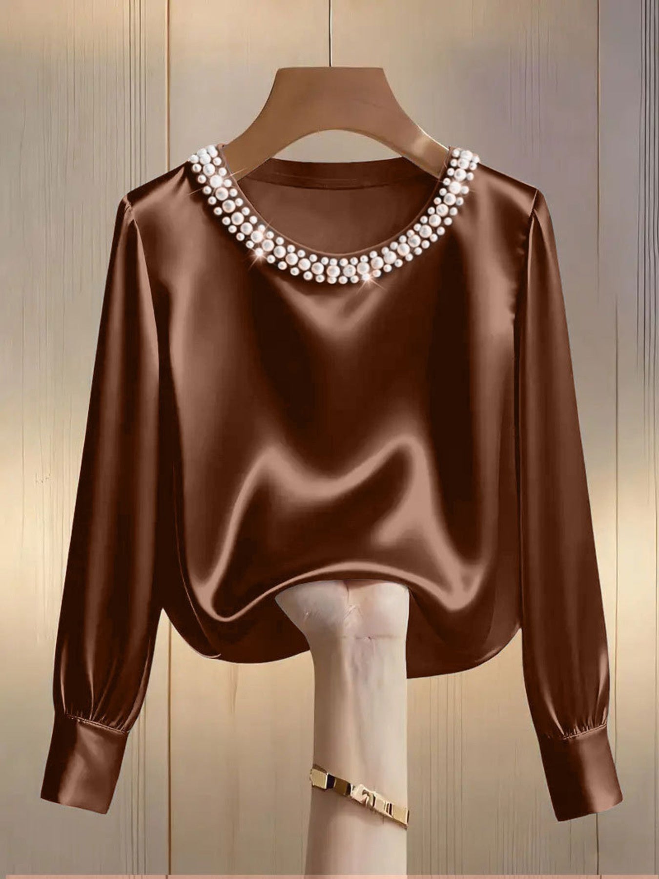 Pearl Trim Round Neck Silk Blouse