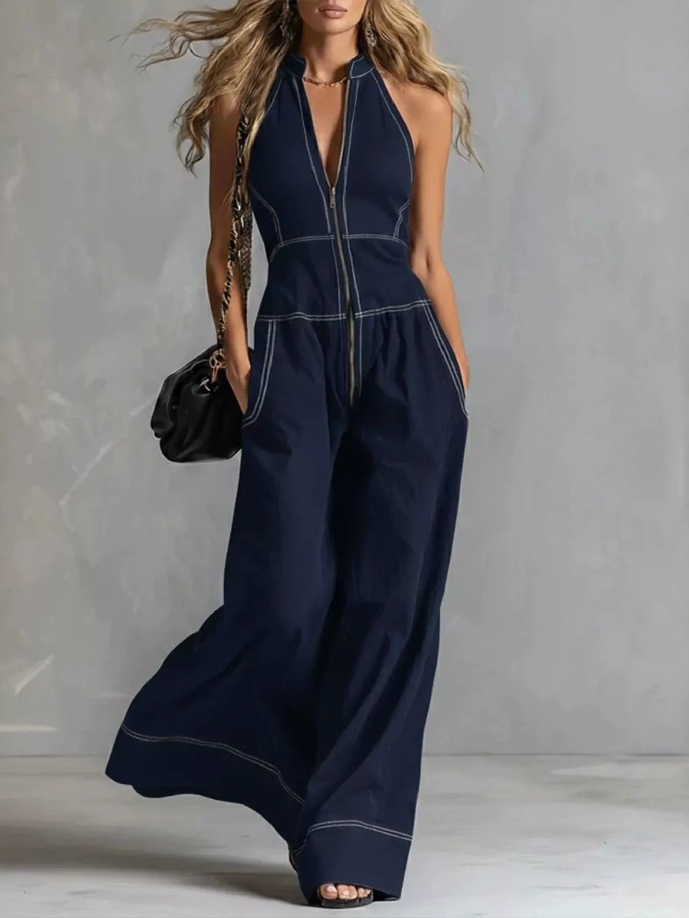 Zip Front Sleeveless Wide Leg Jumpsuit