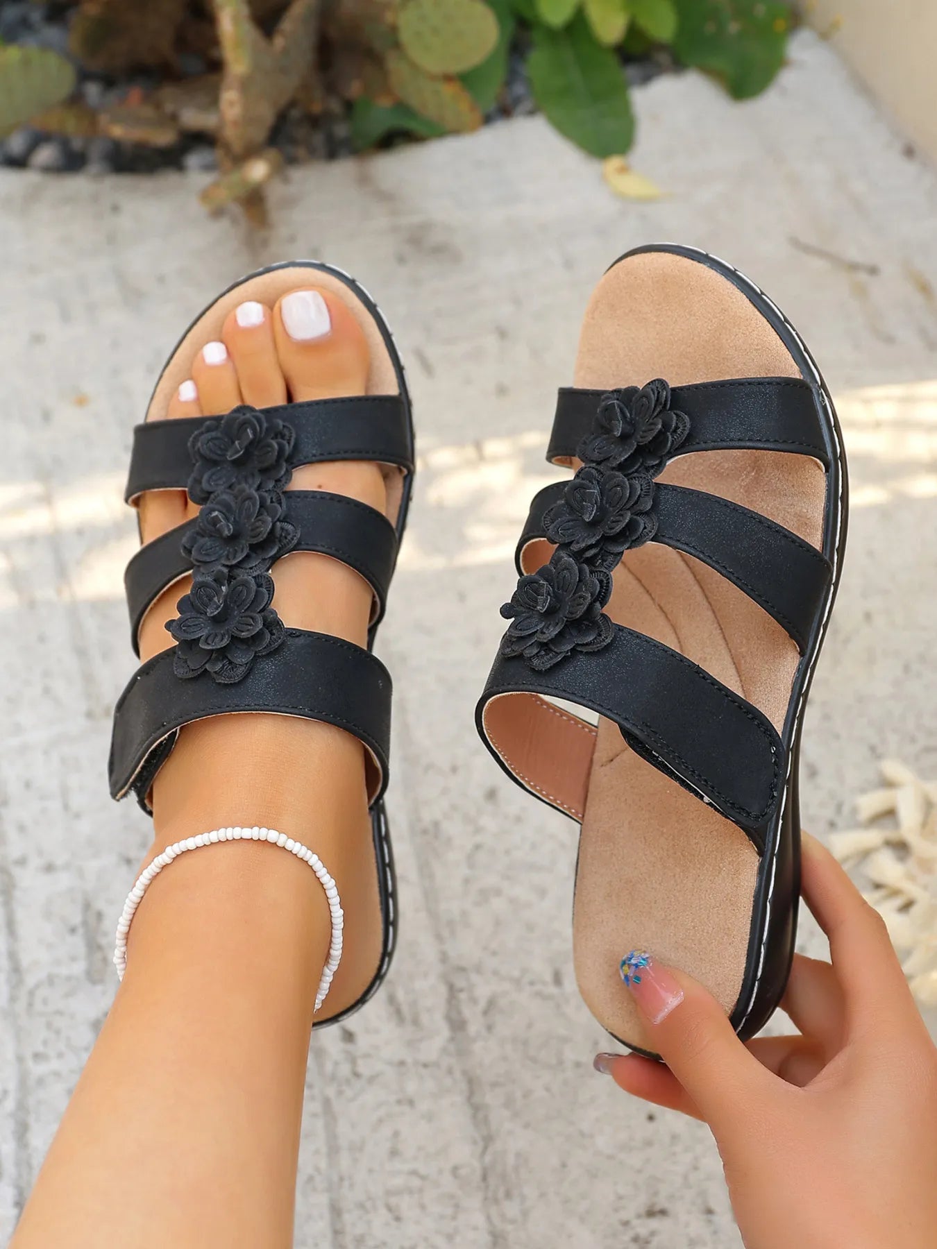 Flower Multi-Strap Flat Sandals