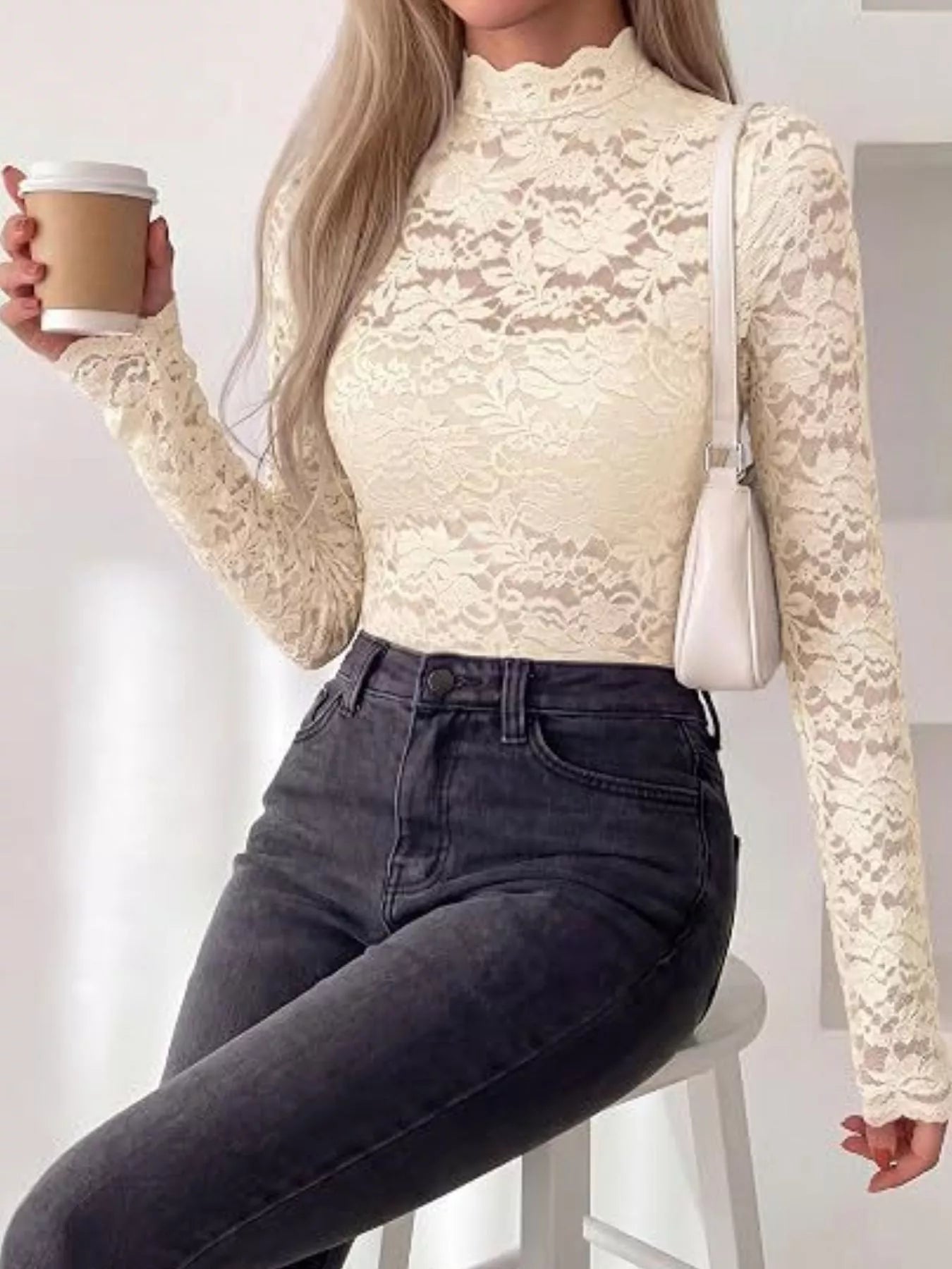 Lace Mock Neck Long Sleeve Top