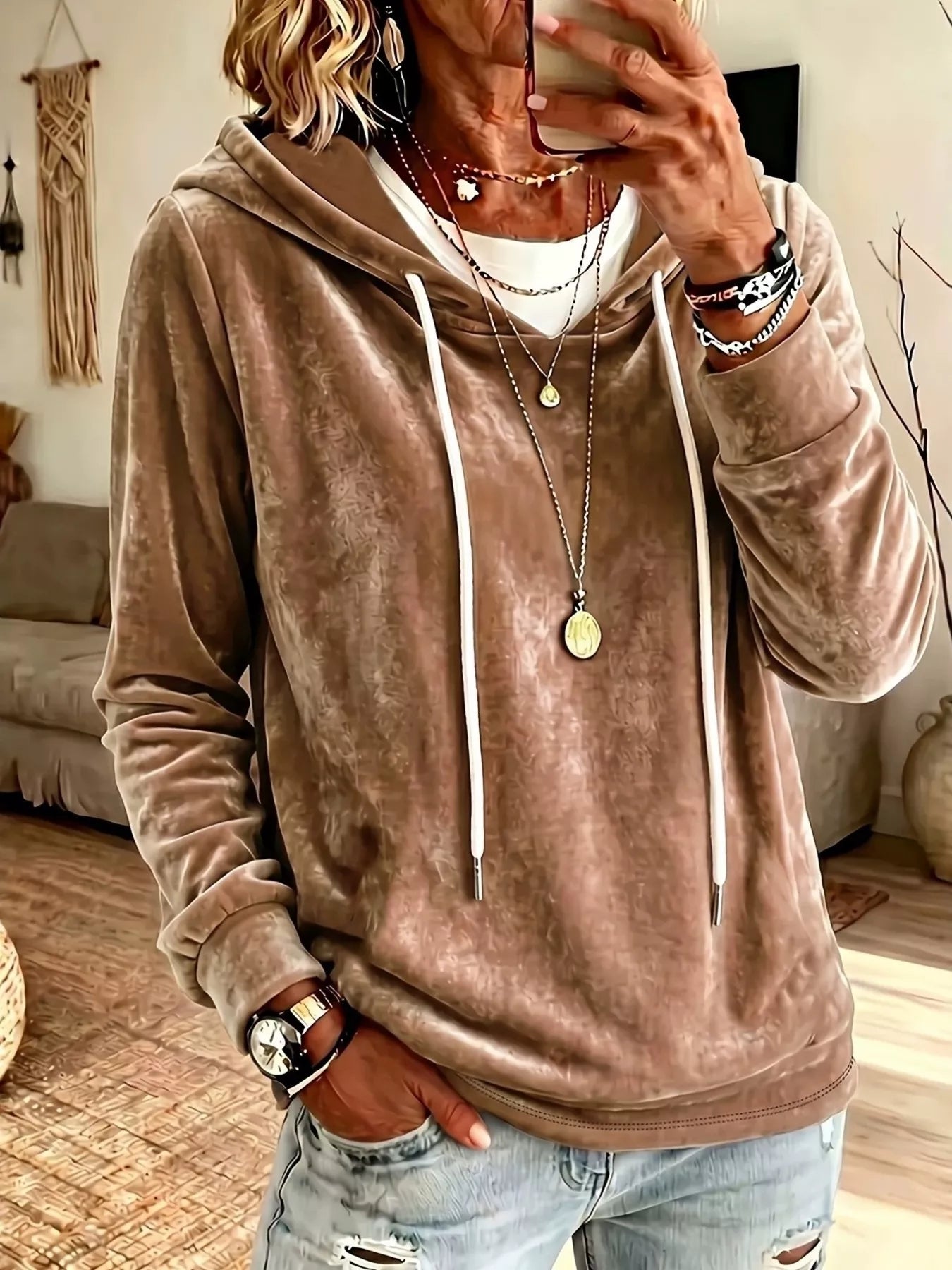 Full Size Drawstring Velvet Long Sleeve Hoodie Plus Size
