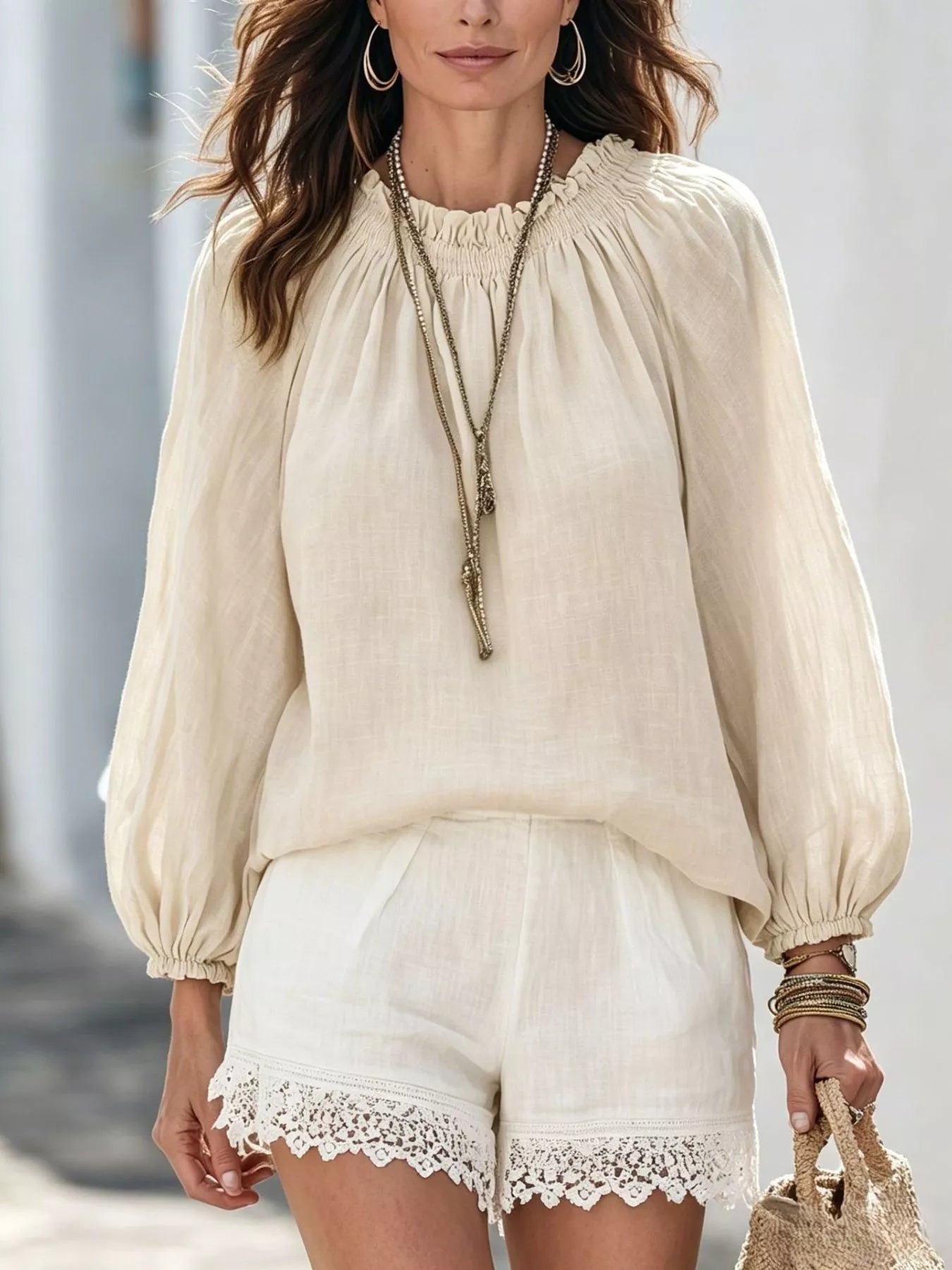 Round Neck Balloon Sleeve Blouse