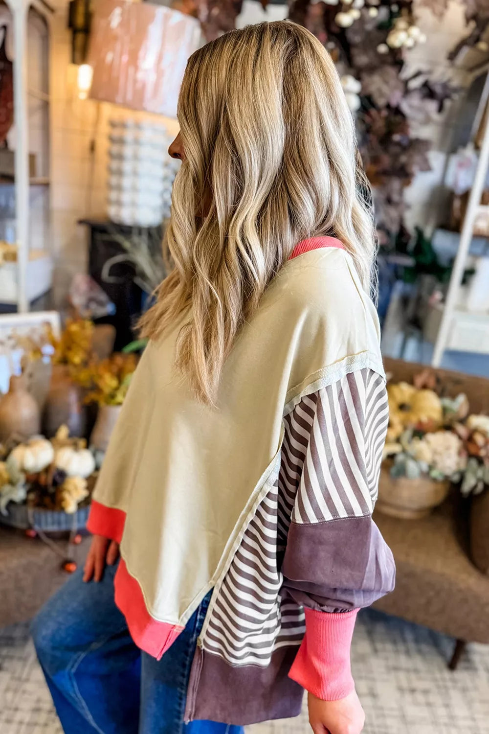 Color-Block Striped Crew Neck Sweatshirt
