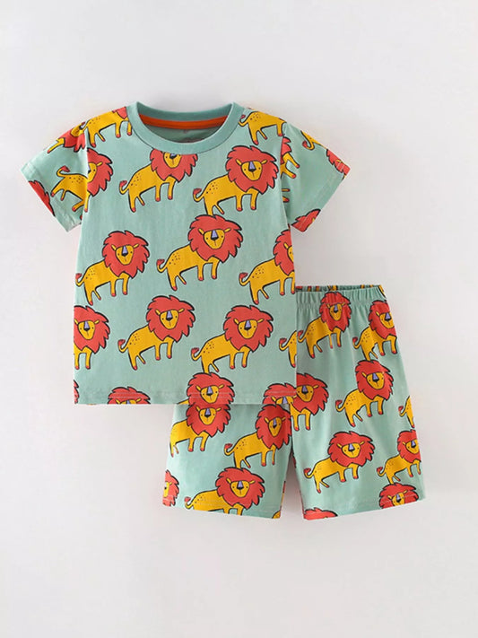 Children's Lion Print Round Neck Tee and Shorts Set