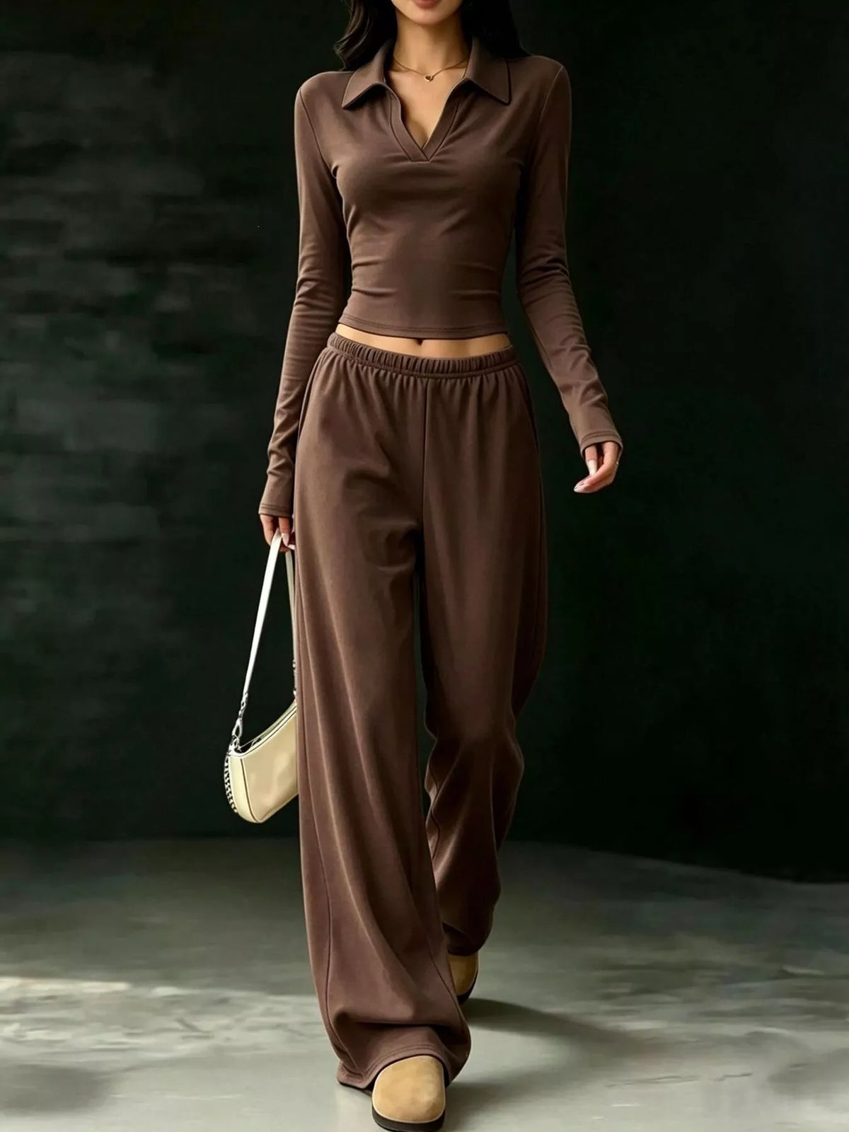 Solid Color Long Sleeve Polo Collar Top and Wide Leg Pants Set