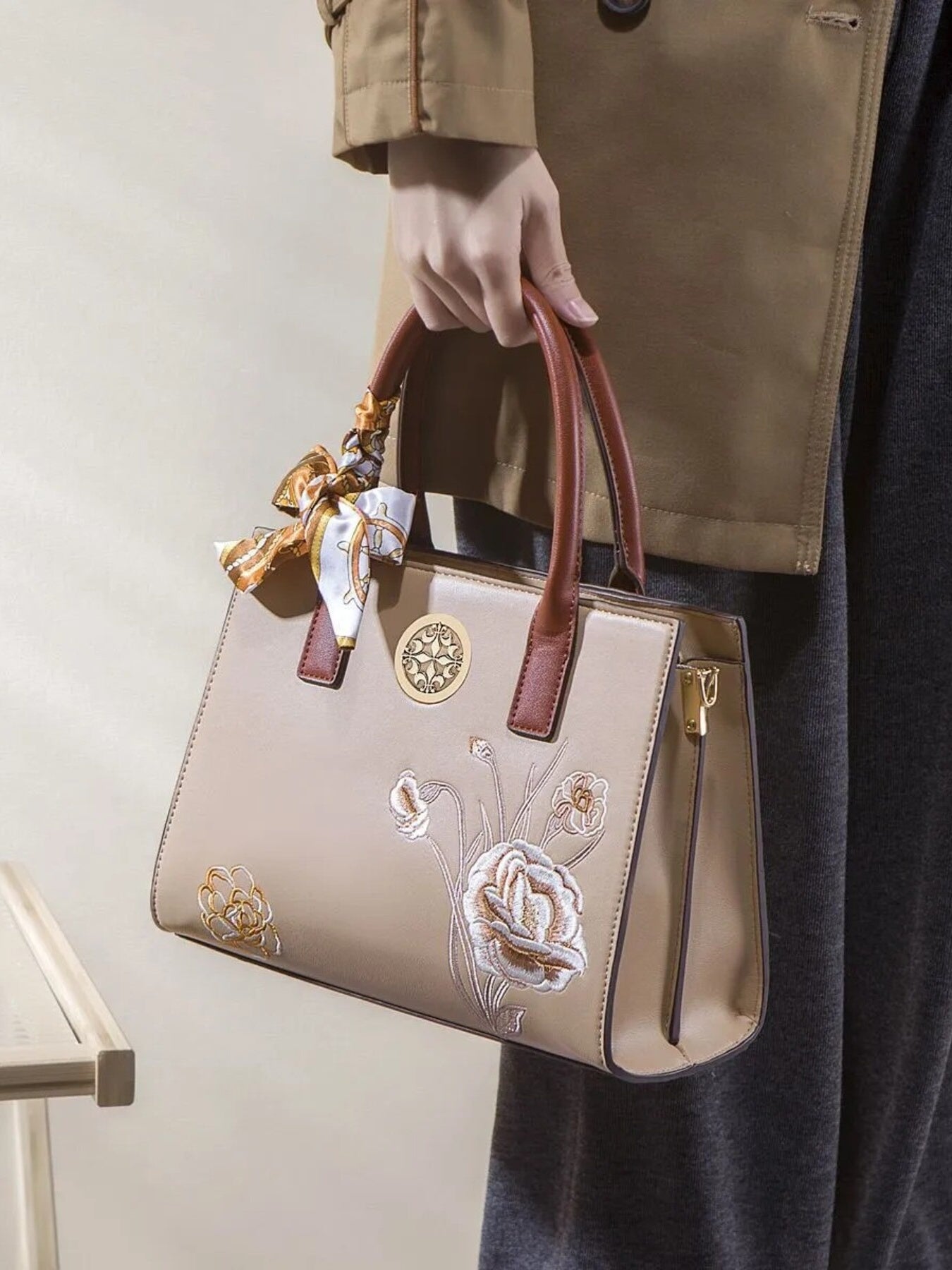 Floral Embroidered Top Handle Handbag
