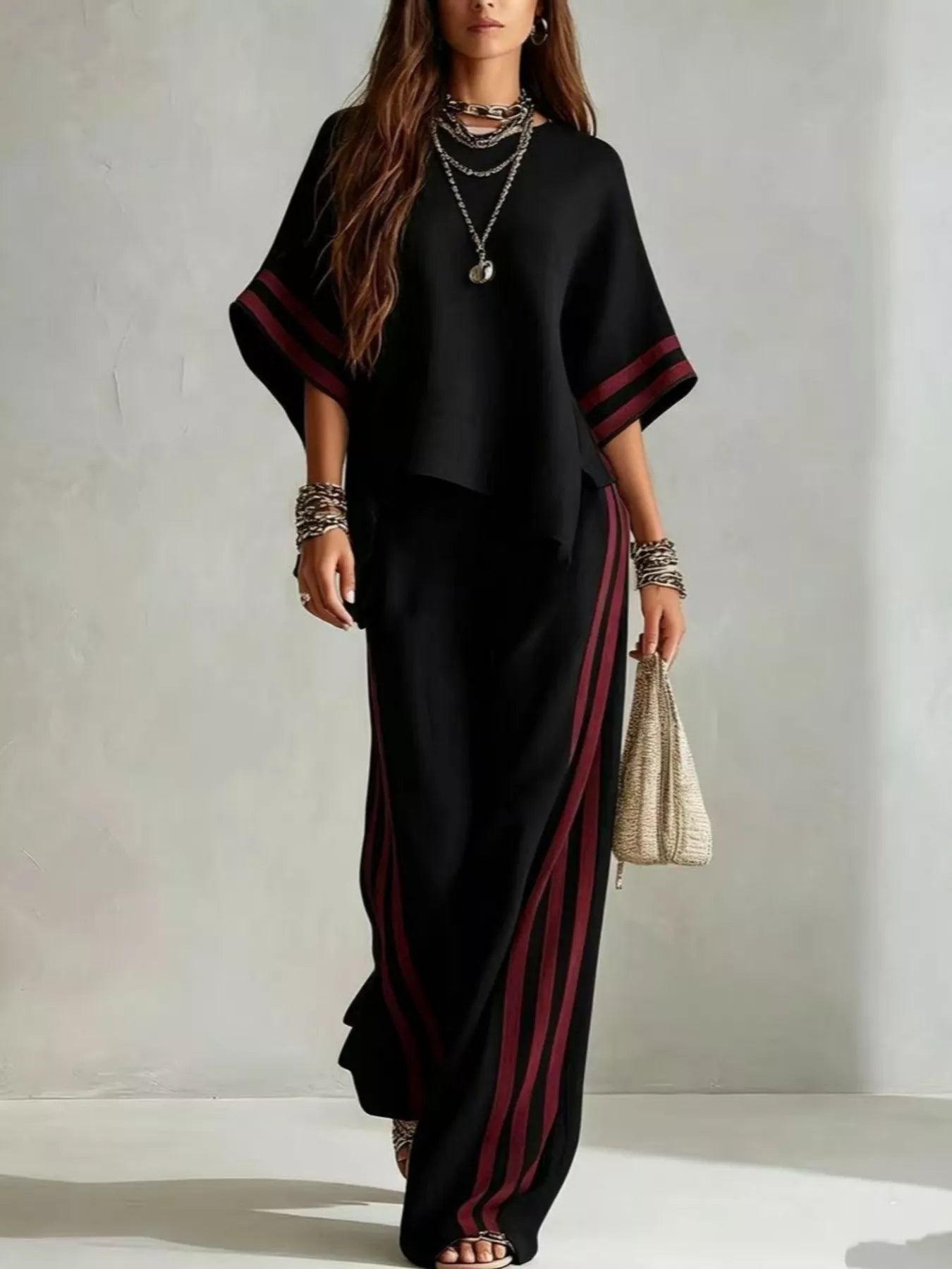 Full Size Striped 3/4 Sleeve Top and Pants Set Plus Size