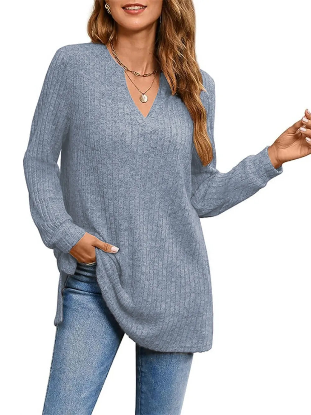 Ribbed Notched Long Sleeve T-Shirt