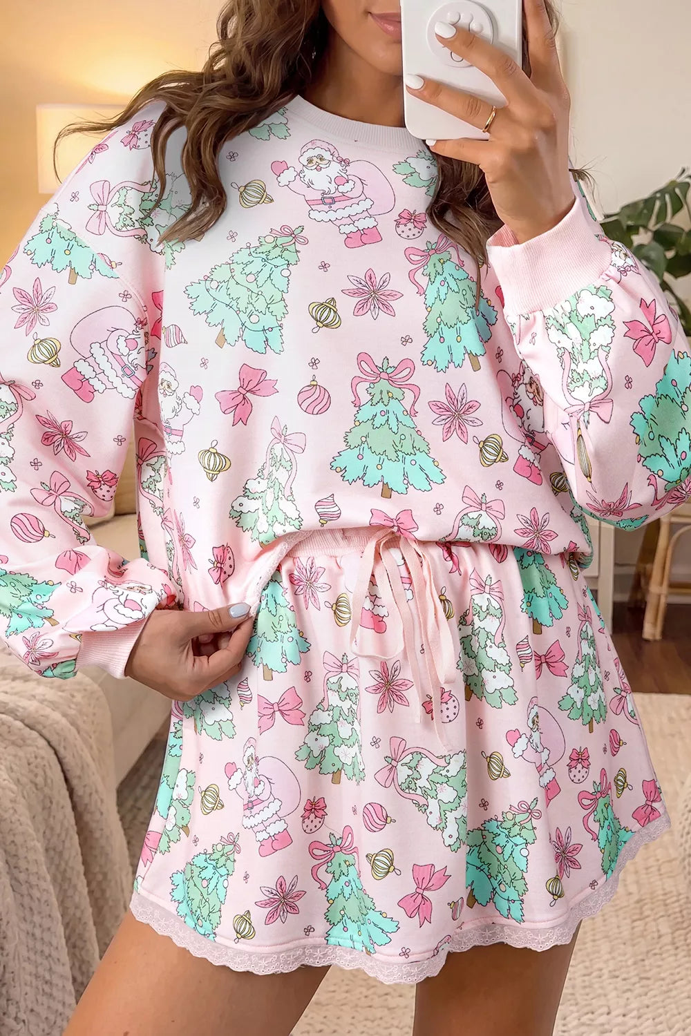 Floral Print Lace Trim Long Sleeve Top and Skirt Set