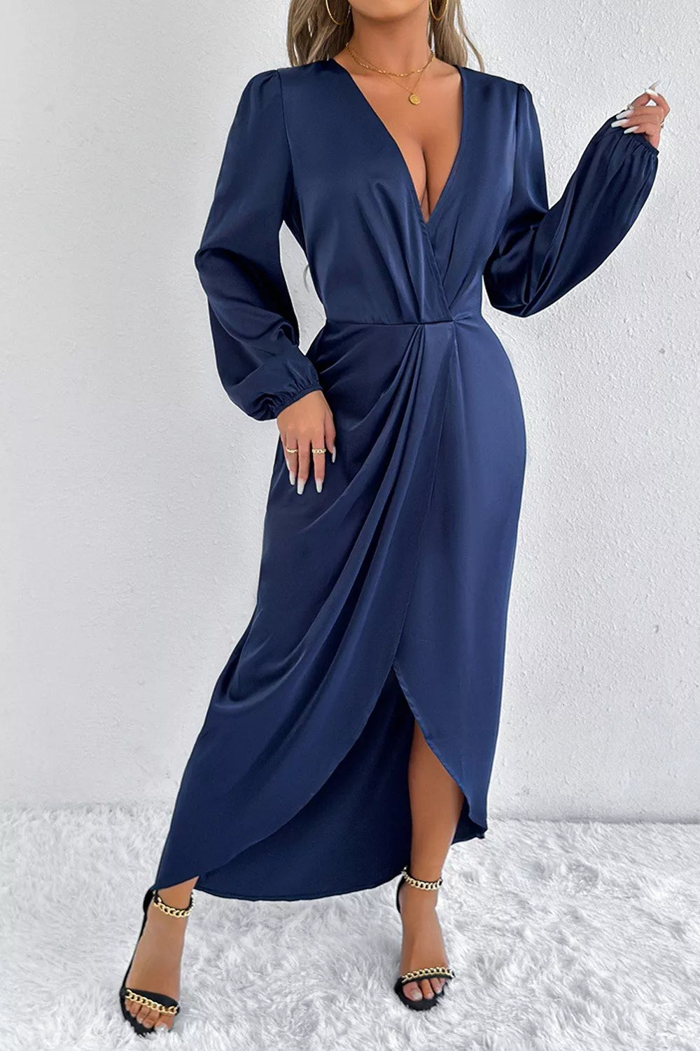 Satin Balloon Sleeve Midi Dress