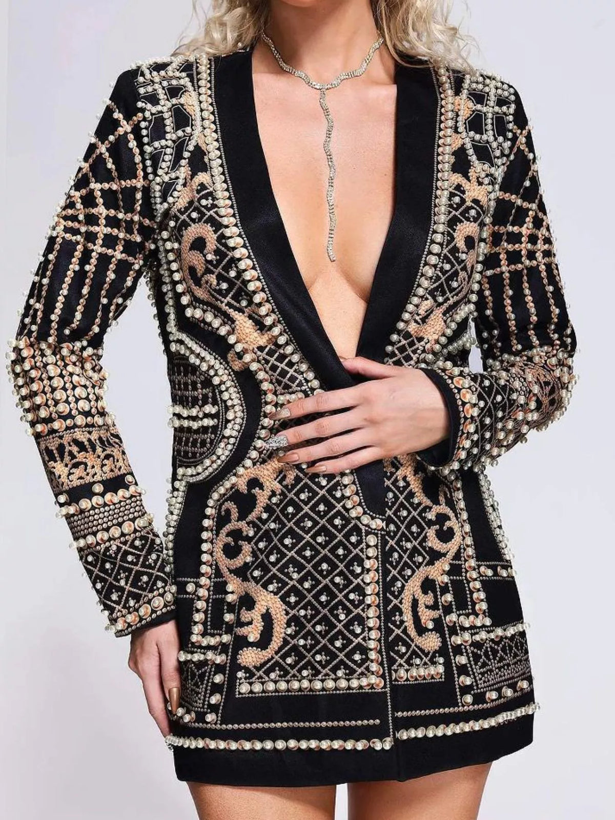 Full Size Embellished Pearl One-Button Blazer Plus Size