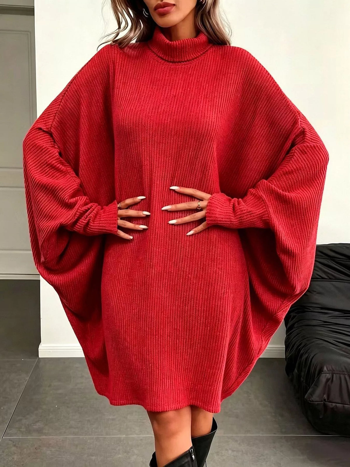 Oversized Batwing Sleeve Ribbed Knit Turtleneck Dress