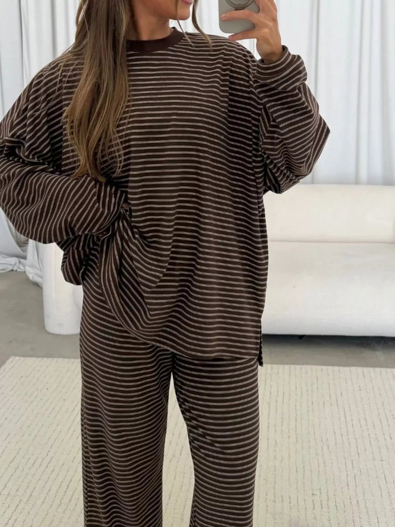 Striped Long Sleeve Top and Wide Leg Pants Set
