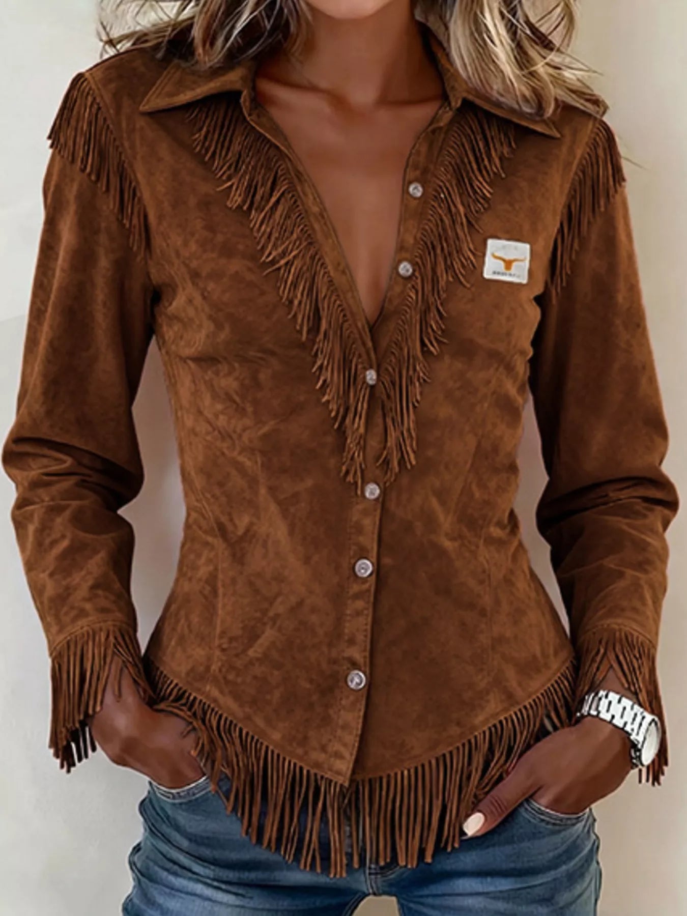 Full Size Fringed Collared Neck Shirt Plus Size