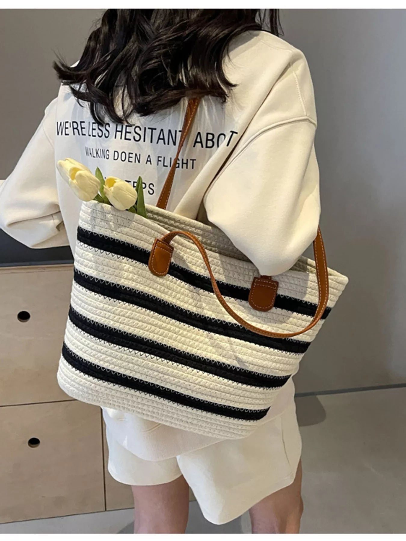 Striped Straw Tote Bag